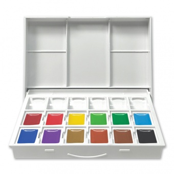 COFFRET EN ABS 12 DEMI GODETS COULEURS + 6 VIDES + PINCEAU