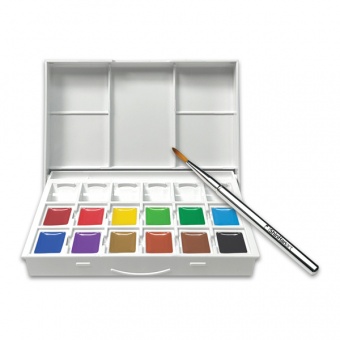 COFFRET EN ABS 12 DEMI GODETS COULEURS + 6 VIDES + PINCEAU