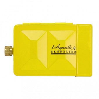 BOITE VOYAGE METAL EMAILLE JAUNE 8 1/2 GODETS , 1 PINCEAU ET RESERVE D EAU