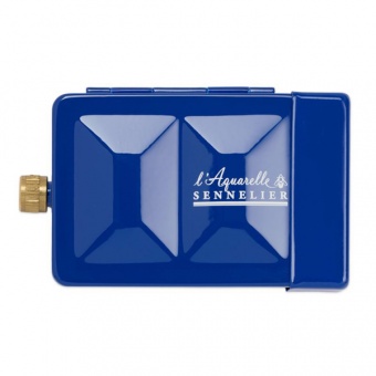 BOITE VOYAGE METAL EMAILLE BLEU 8 1/2 GODETS , 1 PINCEAU ET RESERVE D EAU