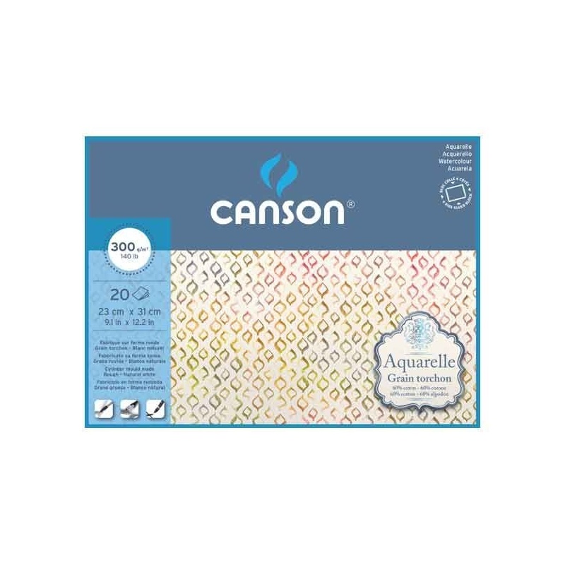 CANSON AQUARELLE BLOC COLLE 4 COTES  20 FEUILLES 300 G GRAIN TORCHON
