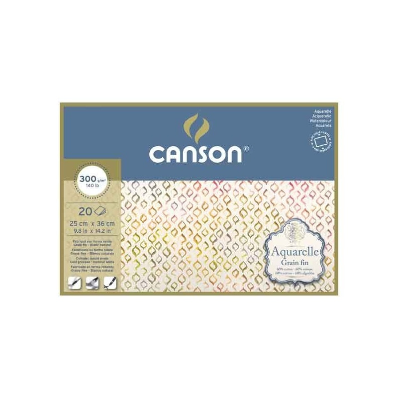 CANSON AQUARELLE BLOC COLLE 4 COTES  20 FEUILLES 300 G GRAIN FIN