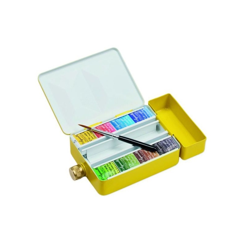 BOITE VOYAGE METAL EMAILLE JAUNE 8 1/2 GODETS , 1 PINCEAU ET RESERVE D EAU