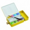 BOITE VOYAGE METAL EMAILLE JAUNE 8 1/2 GODETS , 1 PINCEAU ET RESERVE D EAU