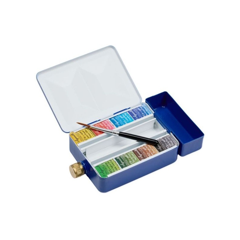 BOITE VOYAGE METAL EMAILLE BLEU 8 1/2 GODETS , 1 PINCEAU ET RESERVE D EAU