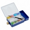 BOITE VOYAGE METAL EMAILLE BLEU 8 1/2 GODETS , 1 PINCEAU ET RESERVE D EAU