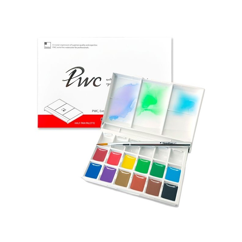 COFFRET EN ABS 12 DEMI GODETS COULEURS + 6 VIDES + PINCEAU